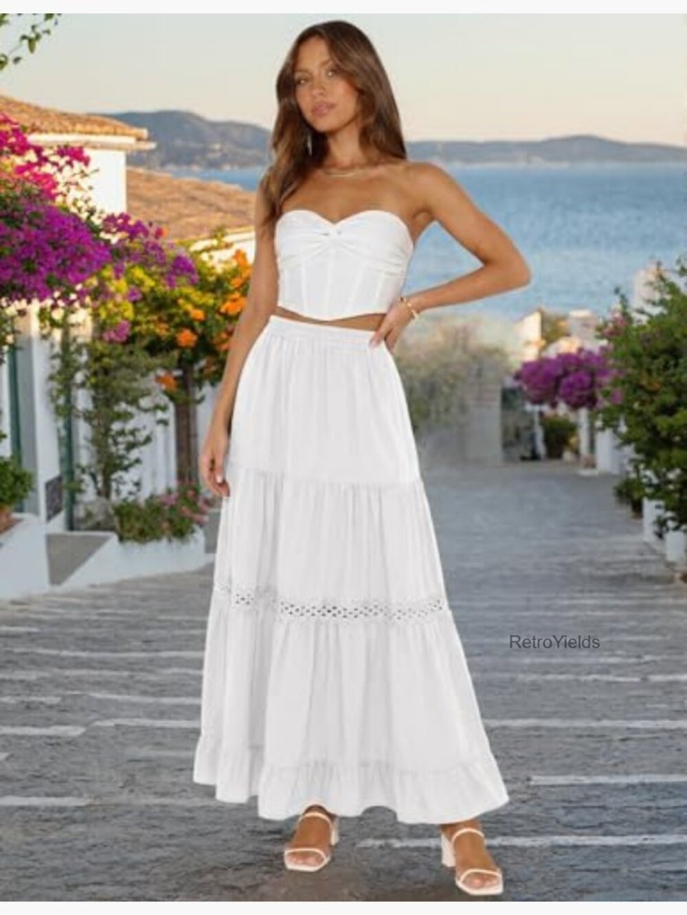 Long Maxi Cotton Skirts Boho Lace Crochet Tiered Flowy Ruffle A-Line Skirt - Picture 3 of 7